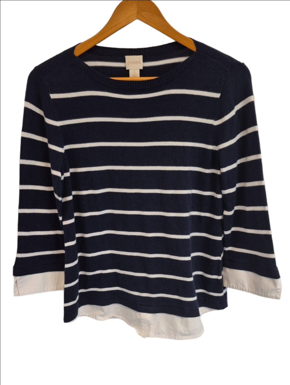 Chico's Cotton Blend Lightweight Navy and White Striped Layered Crewneck Sweater